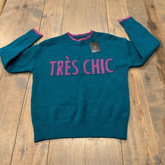 NWT Code X Mode Women’s Long Sleeve “Très Chic” Green Fuschia Trim Sweater Sz: S - Picture 1 of 10